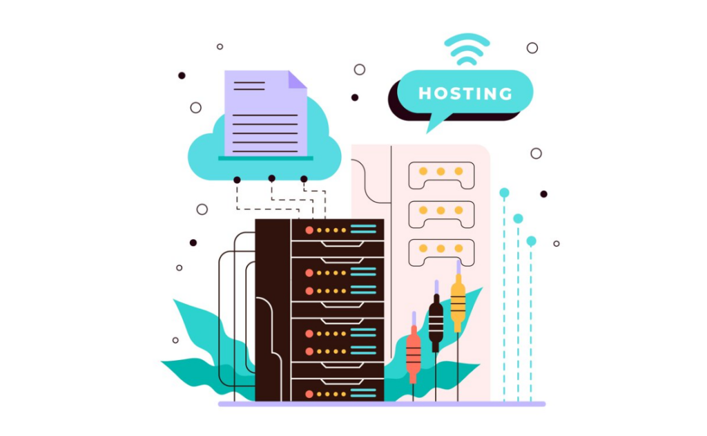 server racks with hosting and connectivity symbols