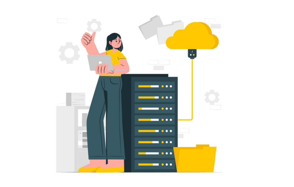 woman character with laptop and thumb up looking on the yellow cloud, data storage near her 