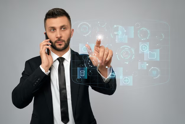 Young businessman pressing virtual button