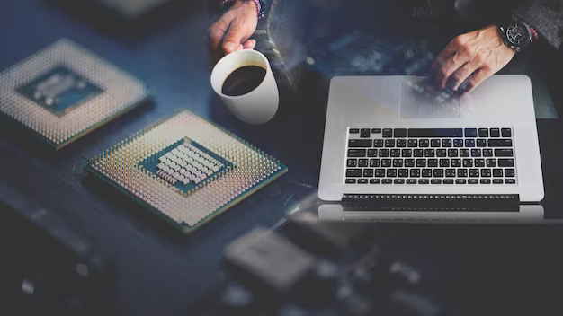 Man working on a laptop and holding a cup of coffee