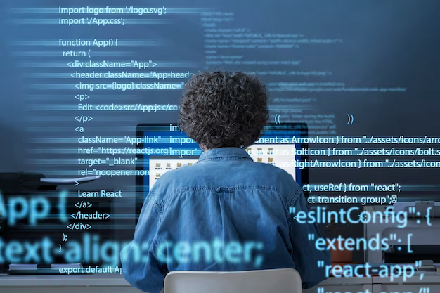 Programmer working at a computer, rear view